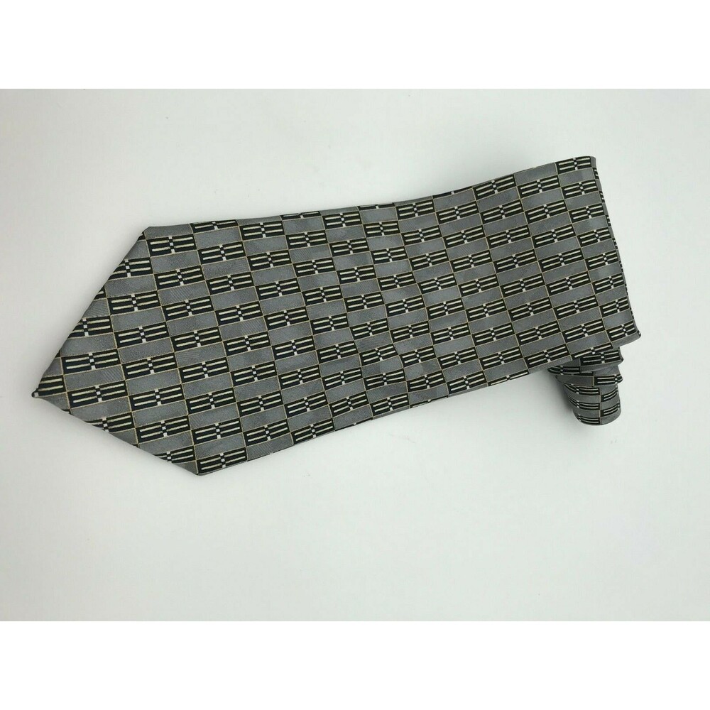 Bergamo Luxury Designer Abstract Gray Black Long Necktie - 100% Silk Tie 58 inch - Picture 4 of 6